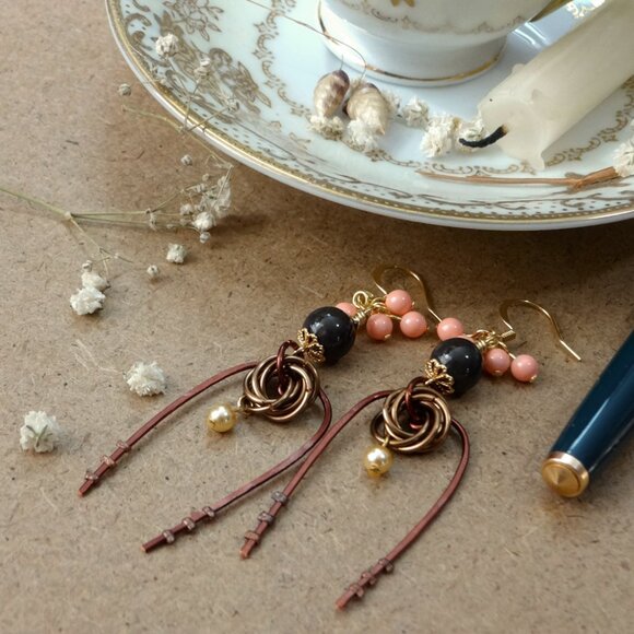 Copper and Gold Fantasy Folk Dangle Earring - Picture 2 of 5